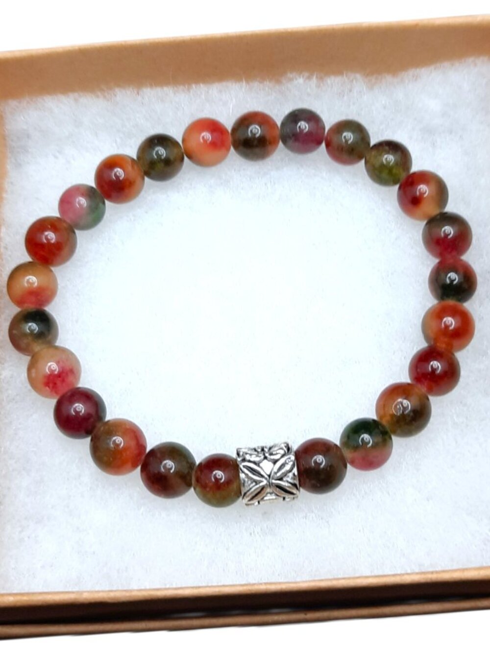 Artisan Peacock Agate Beaded Bracelet Stretch Gemstone Tibetan Silver Floral NEW